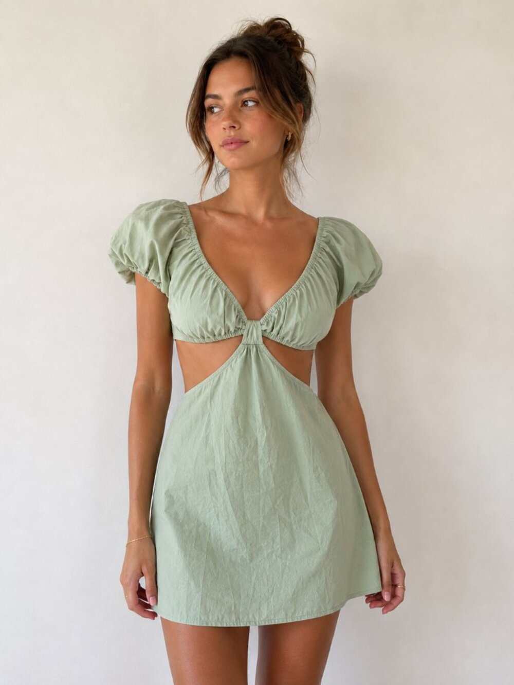 Hey Babe Sage Green Cut Out Puff Short Sleeve Mini Dress